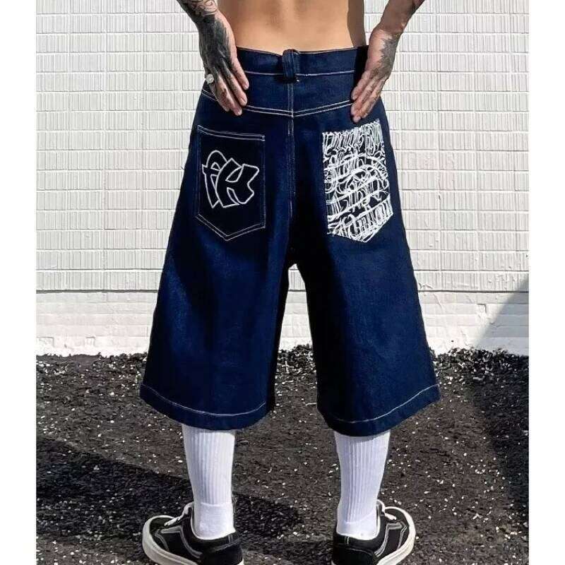 Retro Embroidered Denim Trousers Men's Straight Niche Design Draped High Street Loose Wide-leg Shorts Baggy Short for Man Jort