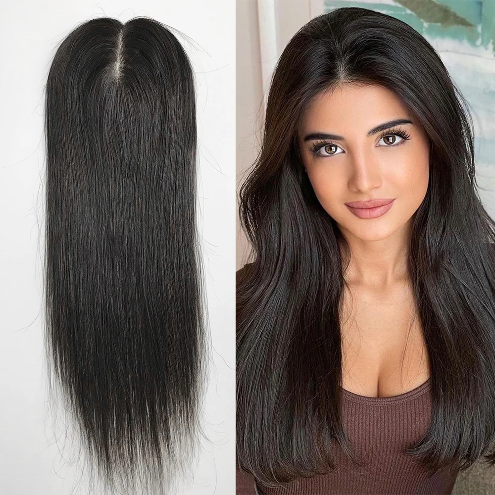 Silk Base Human Hair Topper hair piece with 4 Clips Virgin European Hair Silk Top Toupee for Women Fine Hairpiece black brown 15X16CM