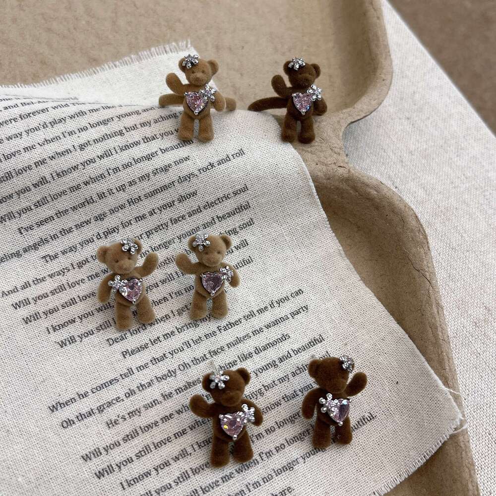 Autumn Winter New Flocked Flower Decoration Rhinestone Cute Girly Earrings Stud Fashionable Bear Heart Ring 153
