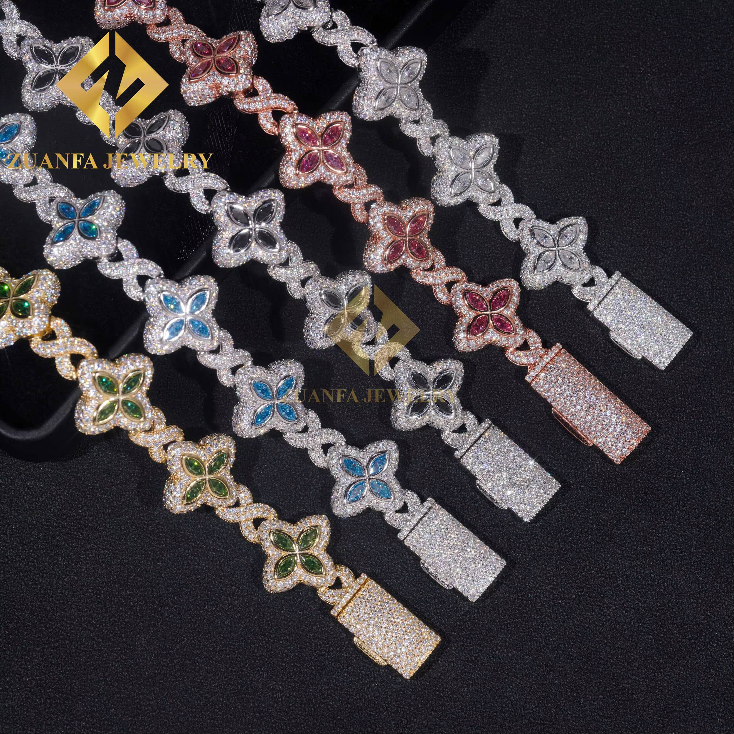 Fine Jewelry Luxury Flower New Fashion Clover Cuban Bracelets Sterling Silver 925 Gold Plated Moissanite Cuban Chains
