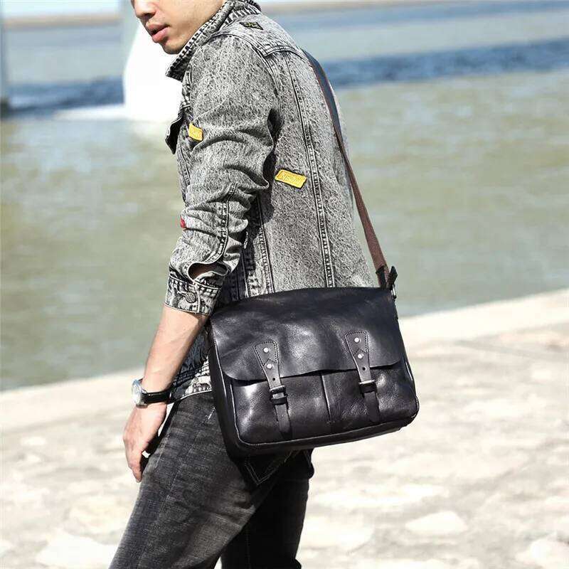 OLOEY Casual natural genuine leather men's messenger daily travel work real cowhide black tablets A4 document shoulder bag
