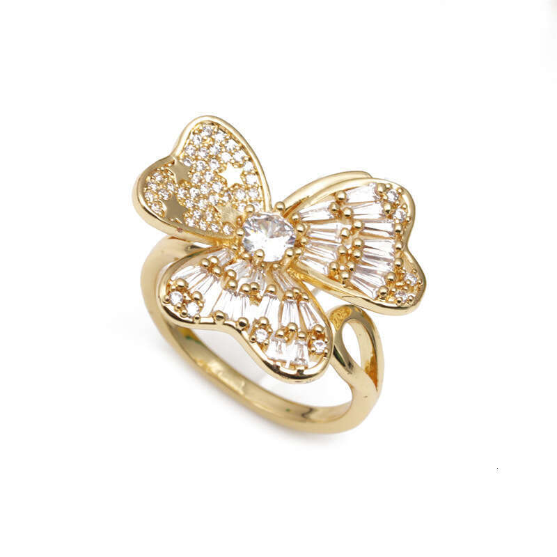 Minimalist Copper Gold-Plated Micro-Inlaid Zircon Korean and Japanese Style Butterfly Open Ring