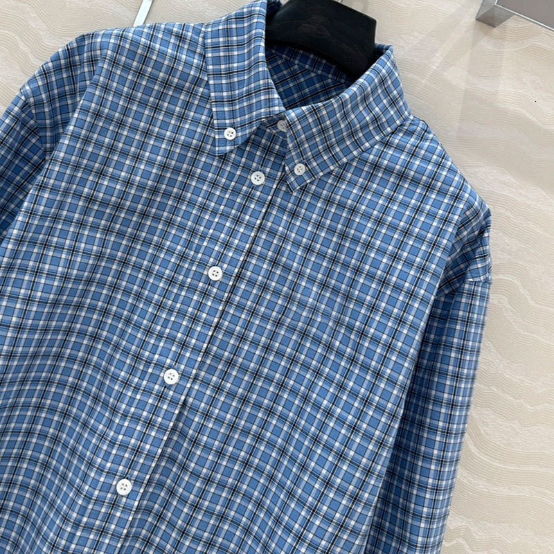 Lady Blue Plaid Cotton Shirt Fashion Single Breasted Lapel Neck Short Loose Blouses Luxury Designer Clothes S0772