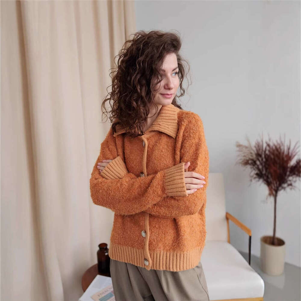Caramel Color Fluffy Sweater Coat For Women Autumn Winter New Lazy Loose Turn-Down Collar Knitted Cardigan Top B5