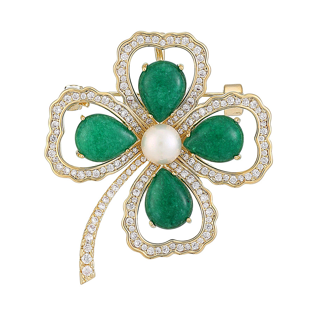 Silver Tone Rhinestone - Encrusted Four - Leaf Clover Brooch With Green Teardrop Gemstones And Pearl Center Elegant Daily Jewelry And Gift For Her Hig