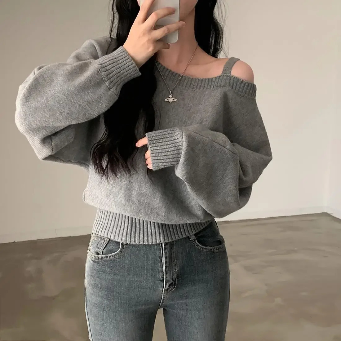 Korean Chic Off-The-Shoulder Tank Batwing Sleeve Knitted Top Sweater Polo Collar Sleeveless Knitted Pullover China Mainland Origin 250723