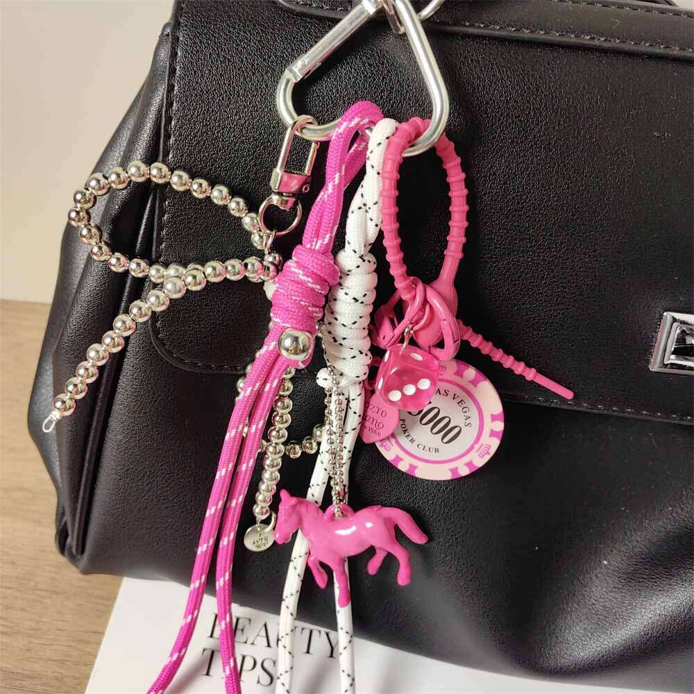 Y2K Rose Pink Chip Silver Bow Chain Keychain Women's Bag Pendant