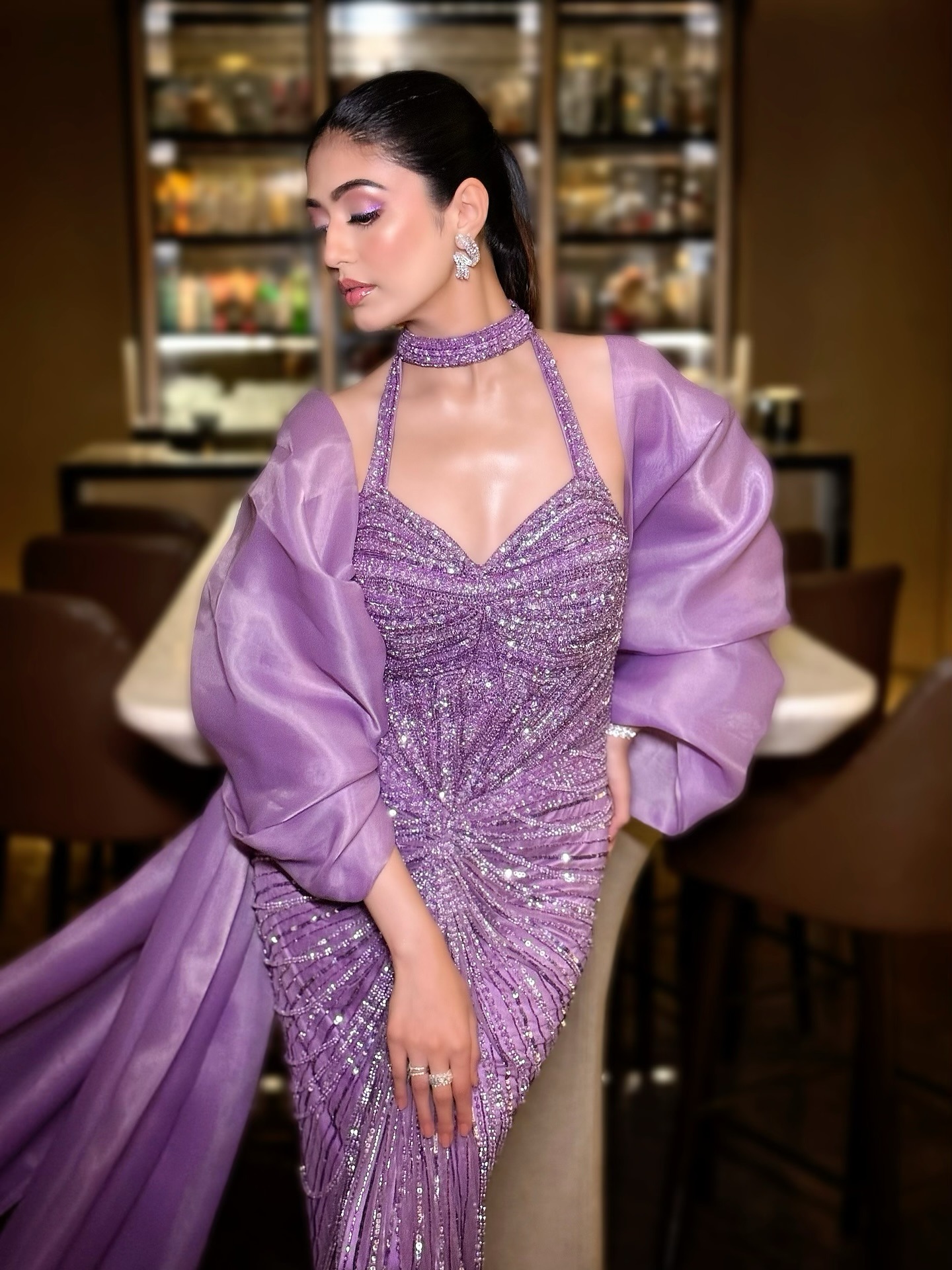 Sparkly Halter Evening Dresses Sequins Prom Dress Beading Shiny Detachable Sleeves Mermaid Princess Party Gowns Sweep Train Vestidos De Noche Plus Siz