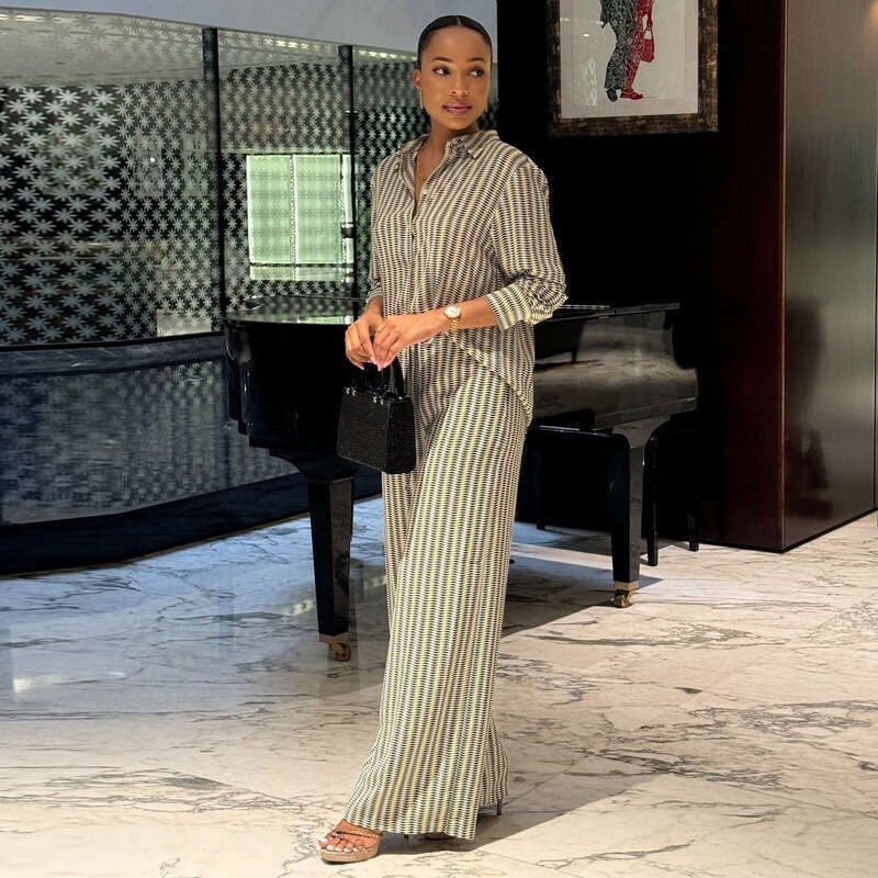 Women's Fashion Black Casual Print Long Sleeve Shirt And Wide Leg Pants Two-Piece Set For Autumn B5