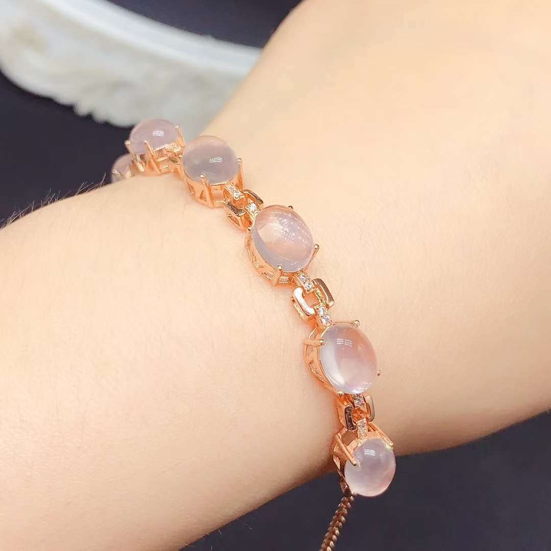 Natural Rose Quartz Bracelet for Party 7mm*9mm Total 12ct Rose Quartz Silver Bracelet with 18K Gold Plated 925 silver Gemstone Jewelry