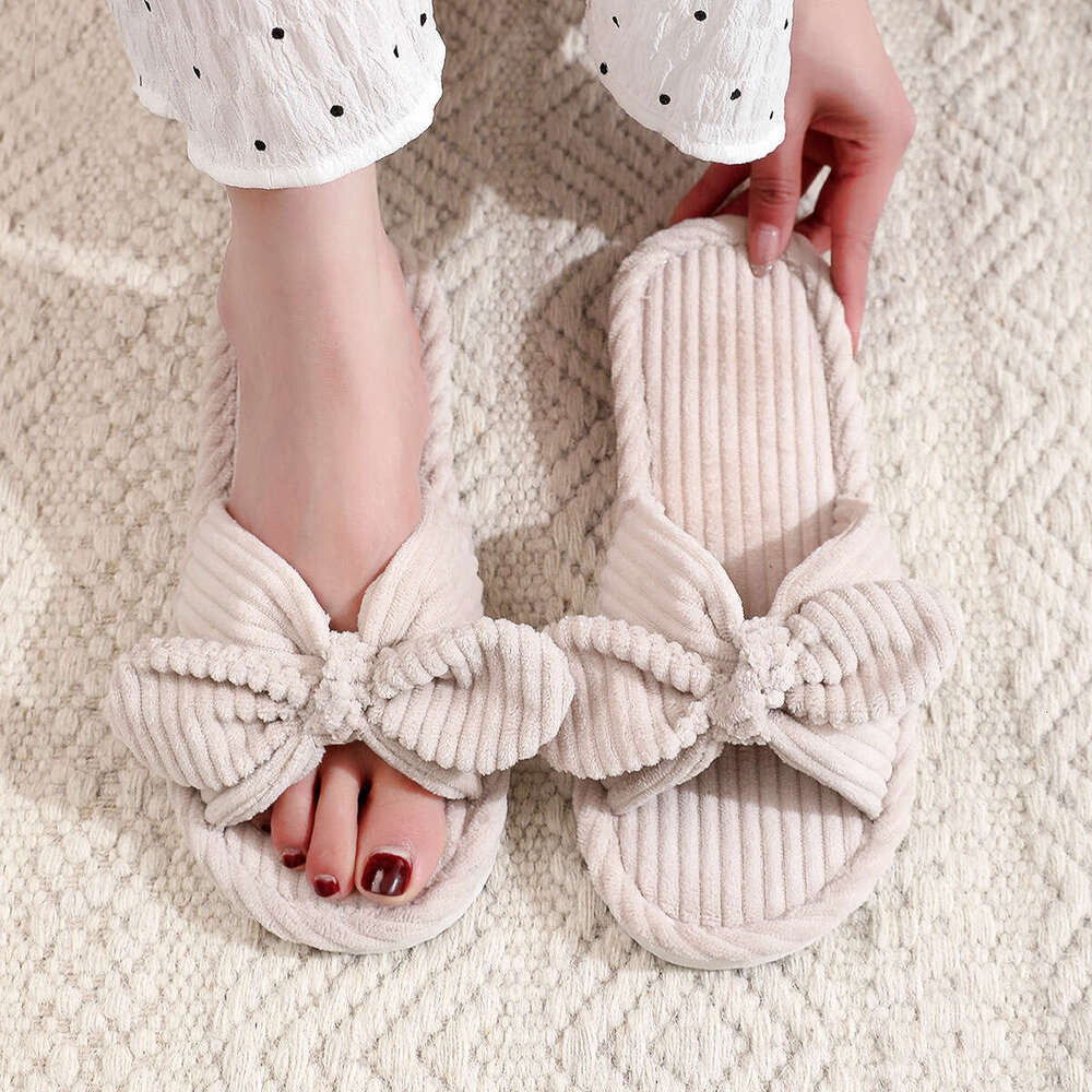 Butterfly Knot Women's Autumn Winter Indoor Outdoor Thick Sole Warm Plush Maternity Shoes One Word Open Toe Cotton Slippers