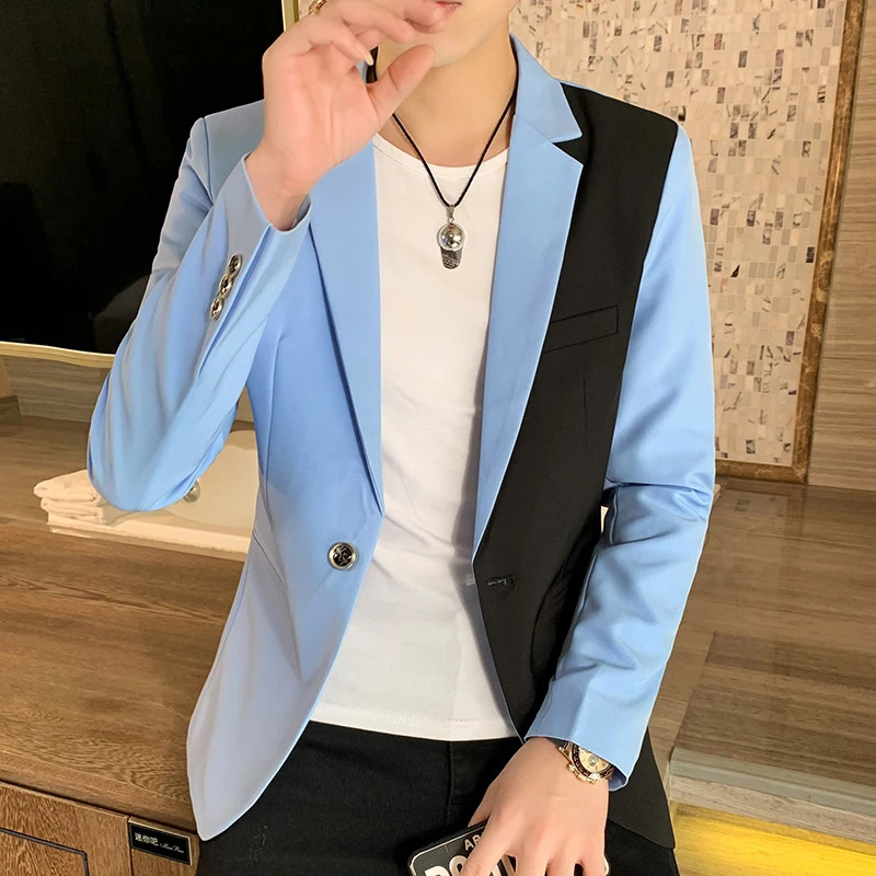 Mens Casual Blazer Korean Fashion Clothes Patchwork Suit Jacket Male Summer Thin Handsome Wear Slim Fit Coat Red White Blue 250724