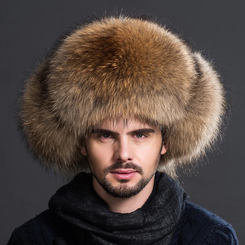 100% Fur Fox Skin Russian Businessmen Pilot Bombers Full Fur Mens Hat Ushanka Winter Ear Guard Hat Raccoon Fur Beanie Hat 250724