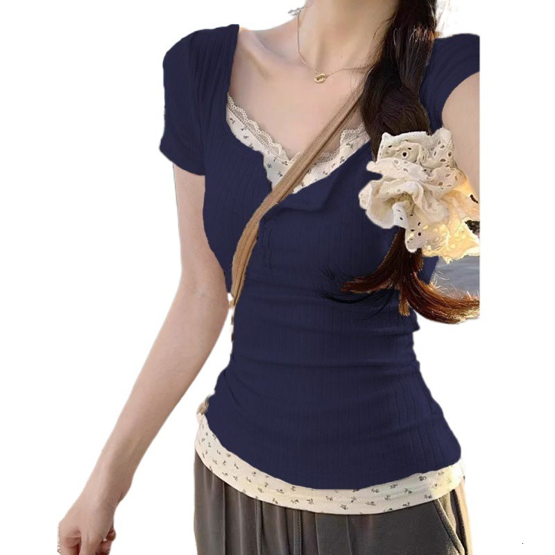 2025 lace trimmed spring and summer vacation two-piece pure desire spicy girl regular shoulder top fashionable new designer T-shirt