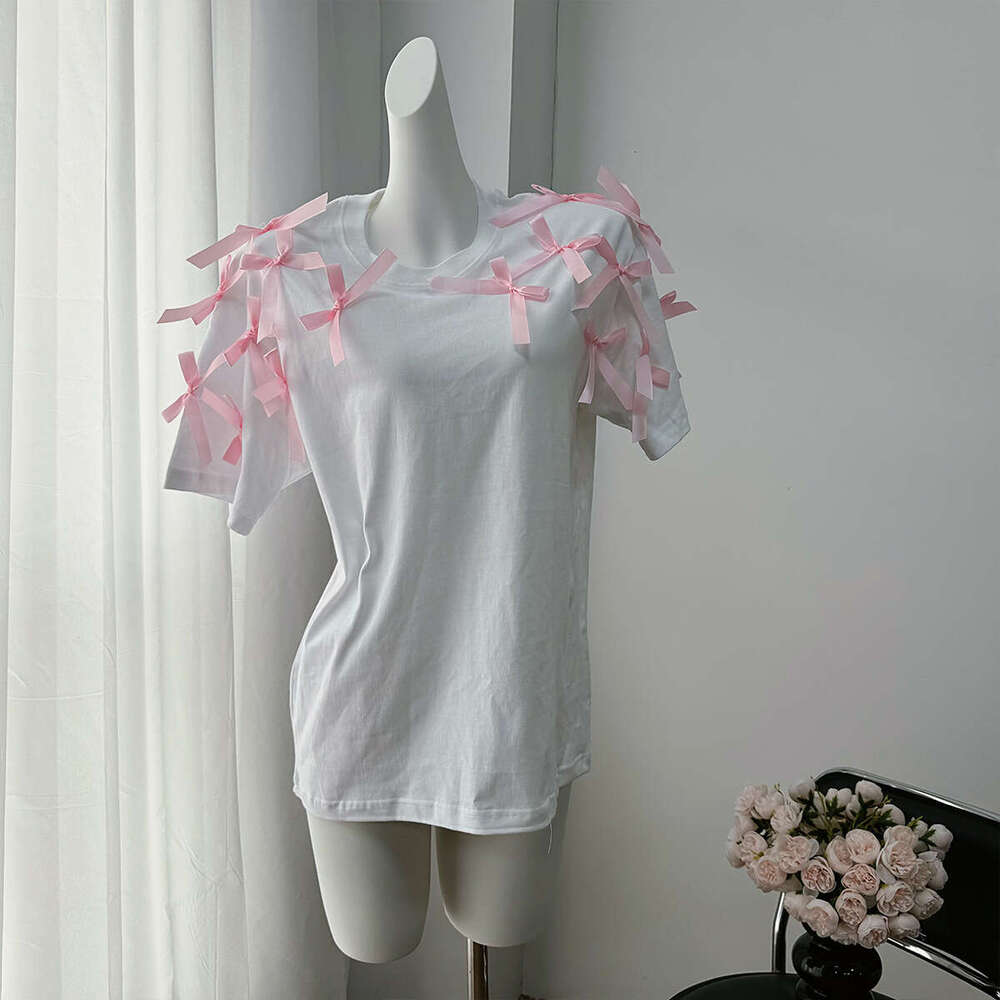 Cute Girl Ribbon Bow Short Sleeve T-Shirt Ins Style Loose Cotton Casual Top B5
