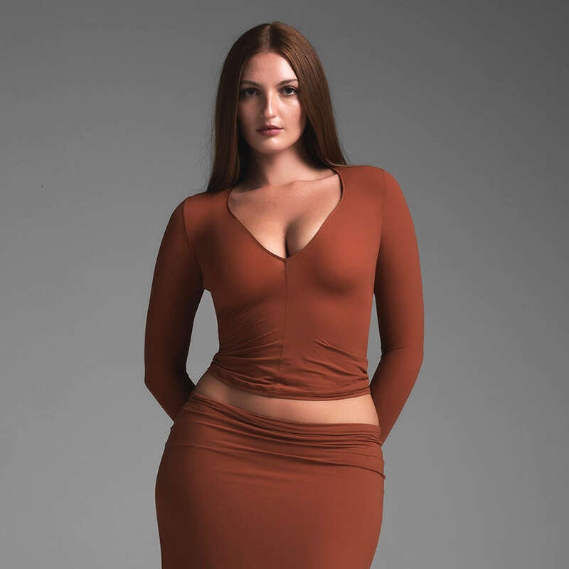 Qtp602 Women's Autumn Winter Sexy Deep V Neck Solid Color Short Cropped Ripped Long Sleeve Top T-Shirt B5