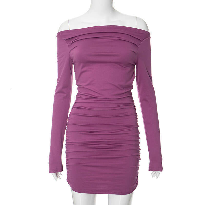 Y23ds591 Women's Autumn New Solid Color Off-Shoulder Backless Ruched Bodycon Dress B5