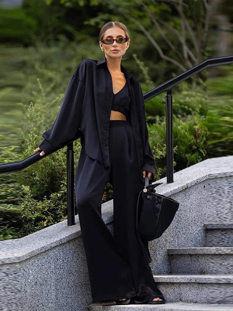 Sexy Loose Silk 3 Piece Sets Women Outfit Fashion Long Sleeve Shirts Bra With High Waist Wide Pants Set Lady 250730