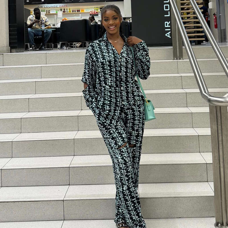 New Plus Size Printed Fashion Casual Long Sleeve Shirt And Pants Two-Piece Set For Women Loose Women's Clothing B5