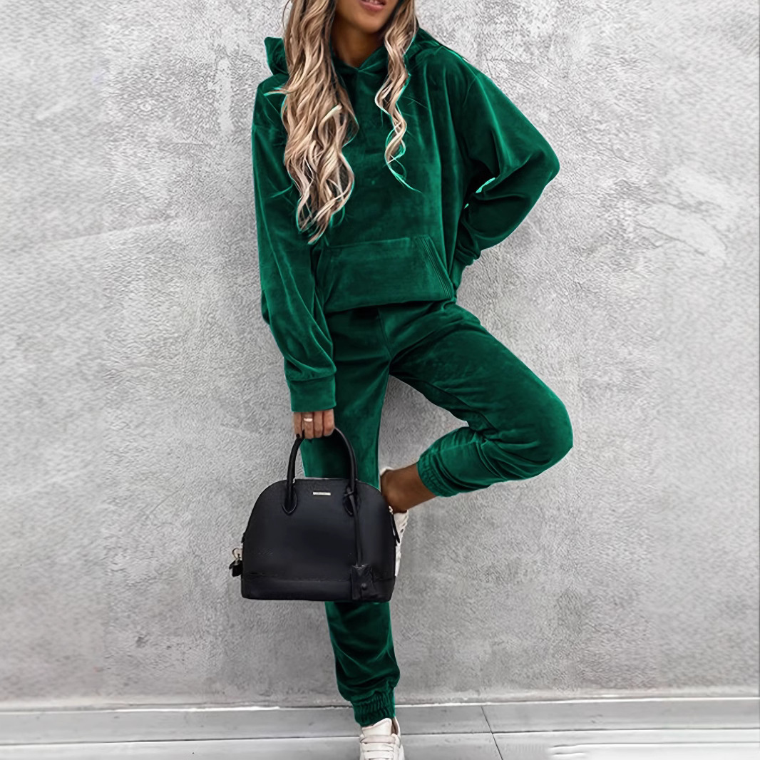 2021 Womens Spring New Velvet Hoodie Sweatshirt Fashion Slim Pants Set