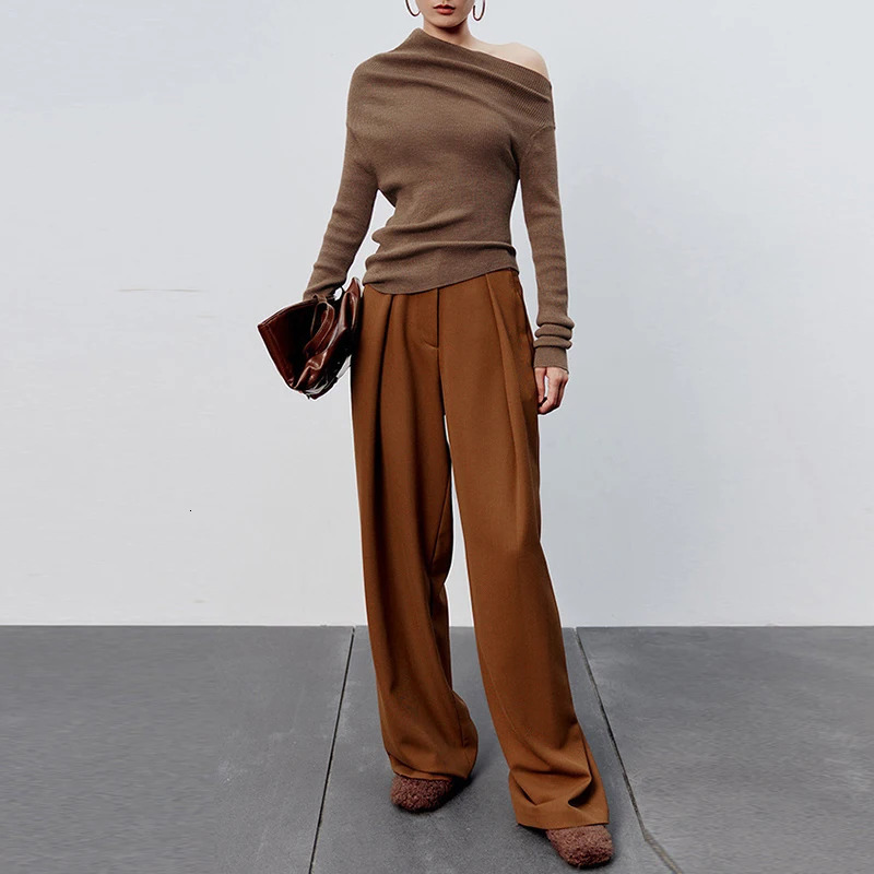 Autumn Winter Womens Wool Tshirt Top Solid Color Elegant Long Sleeve Off Shoulder Sexy Slimming Basic Versatile Top 250729