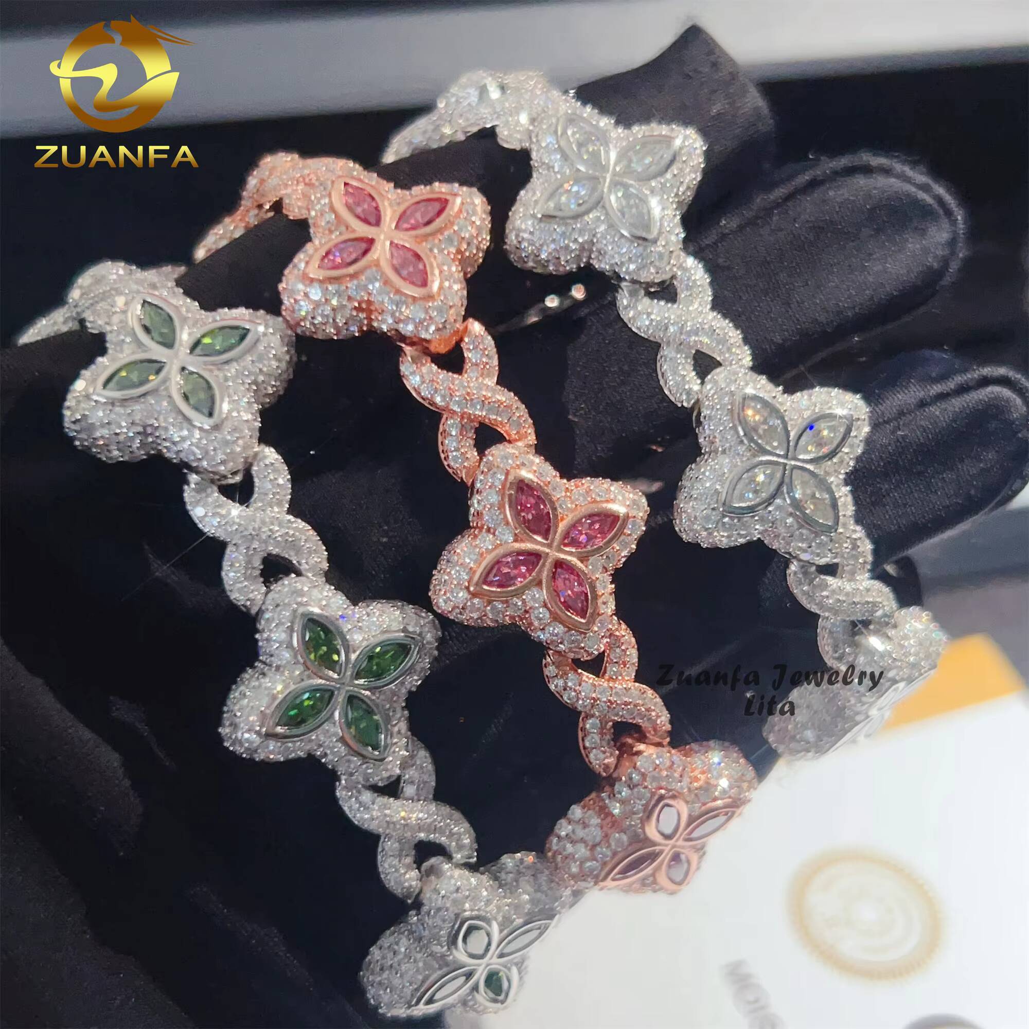 Hot Selling Hip Hop Color Marquise Cuban Link Chain Infinity 925 Silver Moissanbite Diamond Clover Bracelet