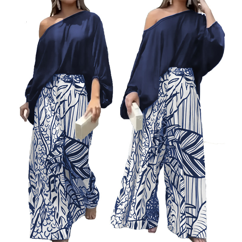 F2162 Womens Spring Summer Solid Color Asymmetrical Neck Top Fashion Printed Wide Leg Pants Casual Two-Piece Set