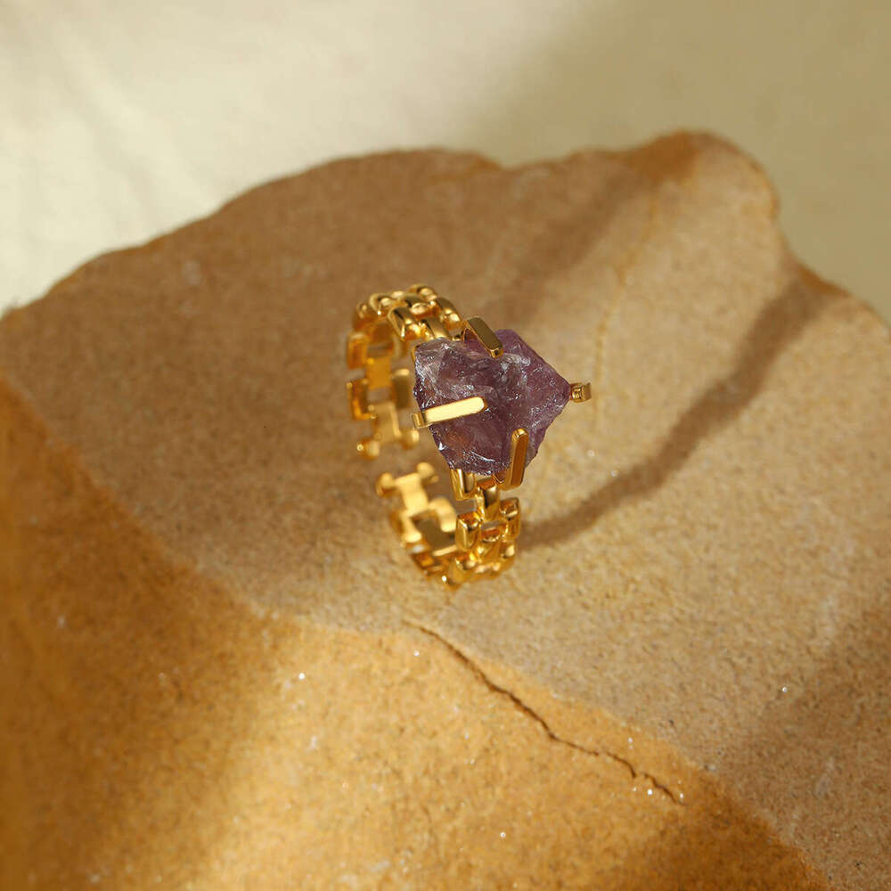 Hot Selling Adjustable Open Titanium Ring for Women with Natural Stone Circle Fence Stainless Steel Jewelry