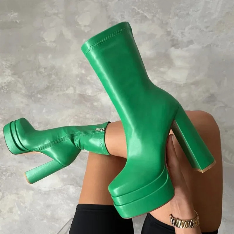 Women Sexy Chunky High Heels Ankle Boots Winter Fashion Platform Elasticity Boots Punk Zipper Thick Sole Booties 250729