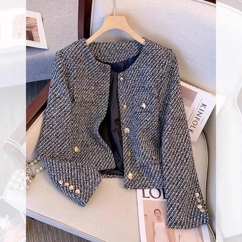 Winter Vintage Tweed Jacket Small Cardigan Female Korean Short Fragrance Joint Elegant Woolen Coat 250730