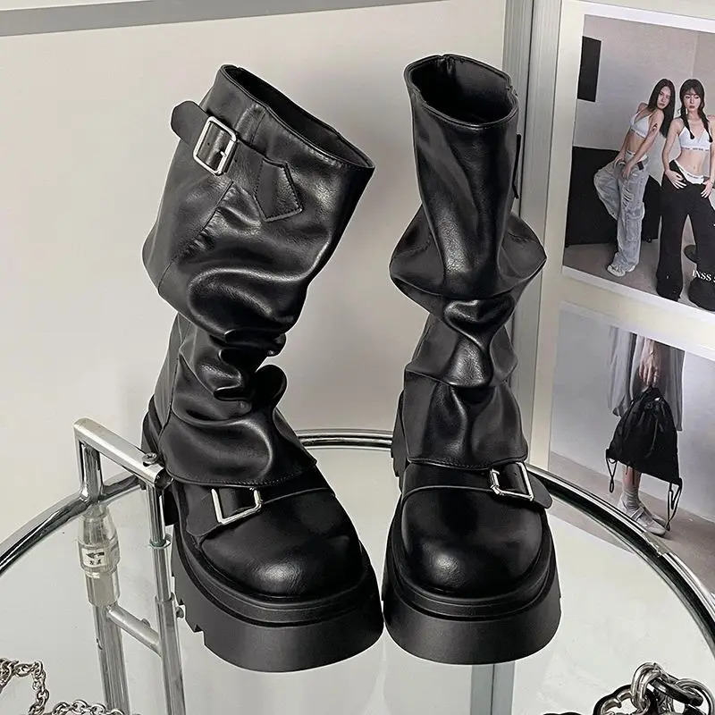 Shoes for Women Mid-Calf Womens Boots Platform Modern Boots Women Belt Buckle Square Toe Side Zip Square Heel Shoes Female 250729