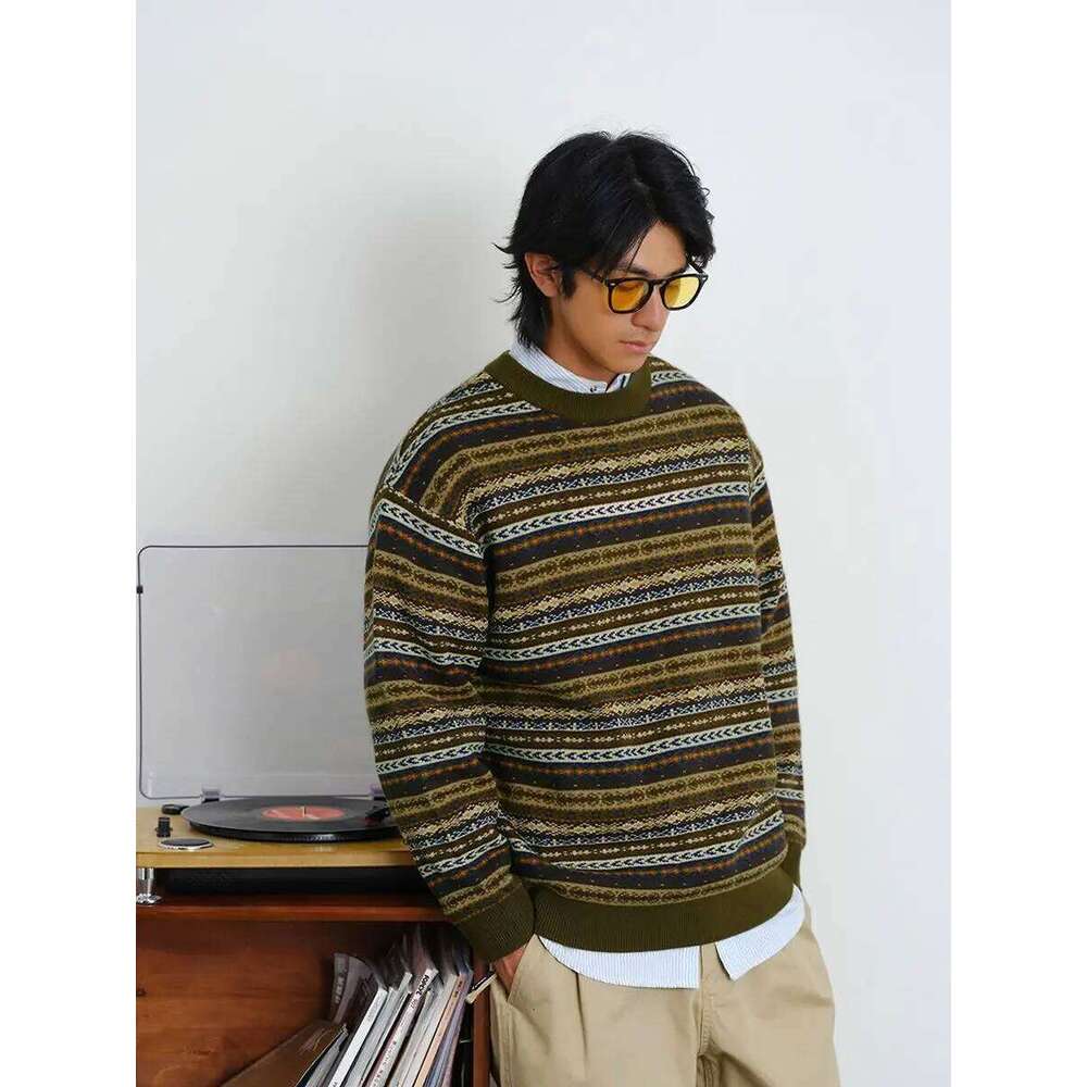 Abandoned Soil Style Jacquard Sweater for Men American Retro O-neck Knitted Pullover Unisex Autumn Winter Streetwear Lazy Top