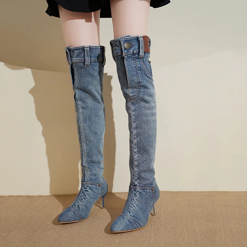 autumn denim Boots Outdoor non slip high heels Sharp pointed retro long boot Casual comfortable womens shoes Botas Zapatos 250729