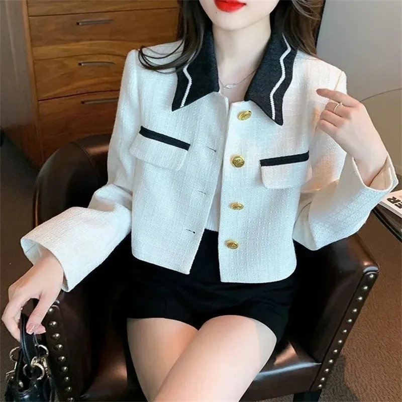 Spring Autumn French y Socialite Temperament BlackAndWhite Lapels and Fragrant Tweed Coat Women Coats 250730