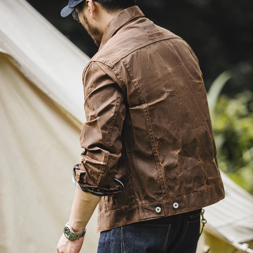 Maden Amekaji Retro Male Oil Waxed Jacket Canvas Cotton Khaki Military Uniform Light Casual Work Safari Style Coats Man Clothing 250730