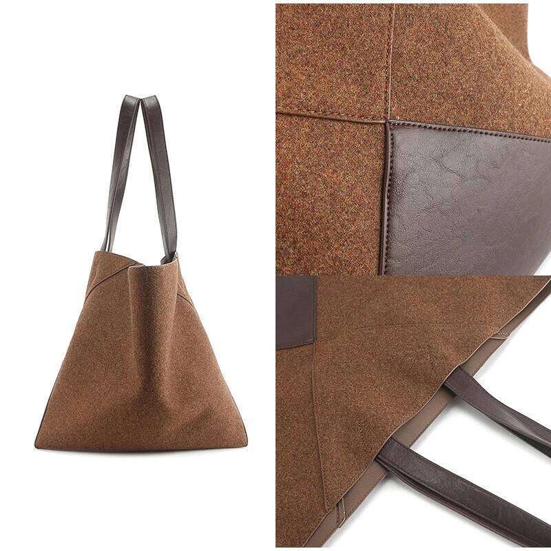 Genuine Large Capacity Tote Fashion Suede Geometric Patchwork Leather Shoulder Bag Women Retro Brown Handbag