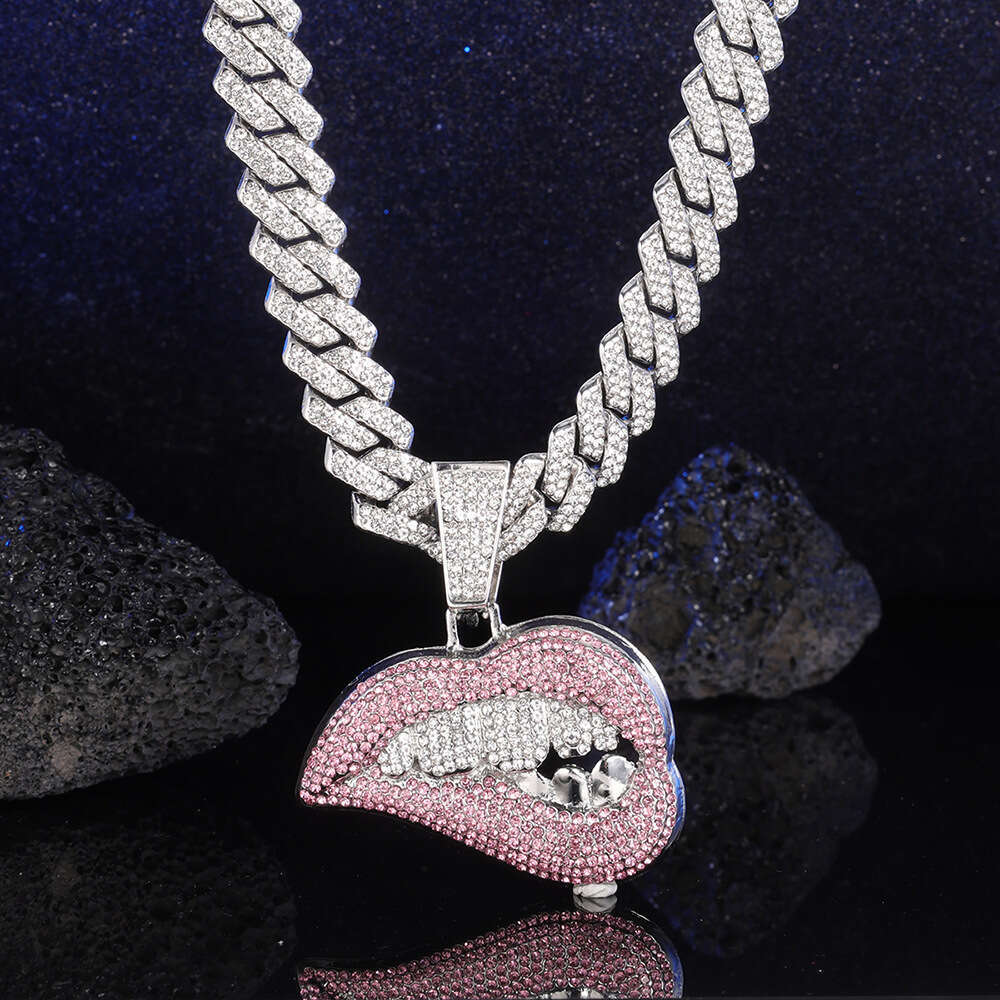 Hot Selling Full Dia Multi-color Lip-biting Pendant Hip-hop Exaggerated Personality Creative Cuban Chain Necklace