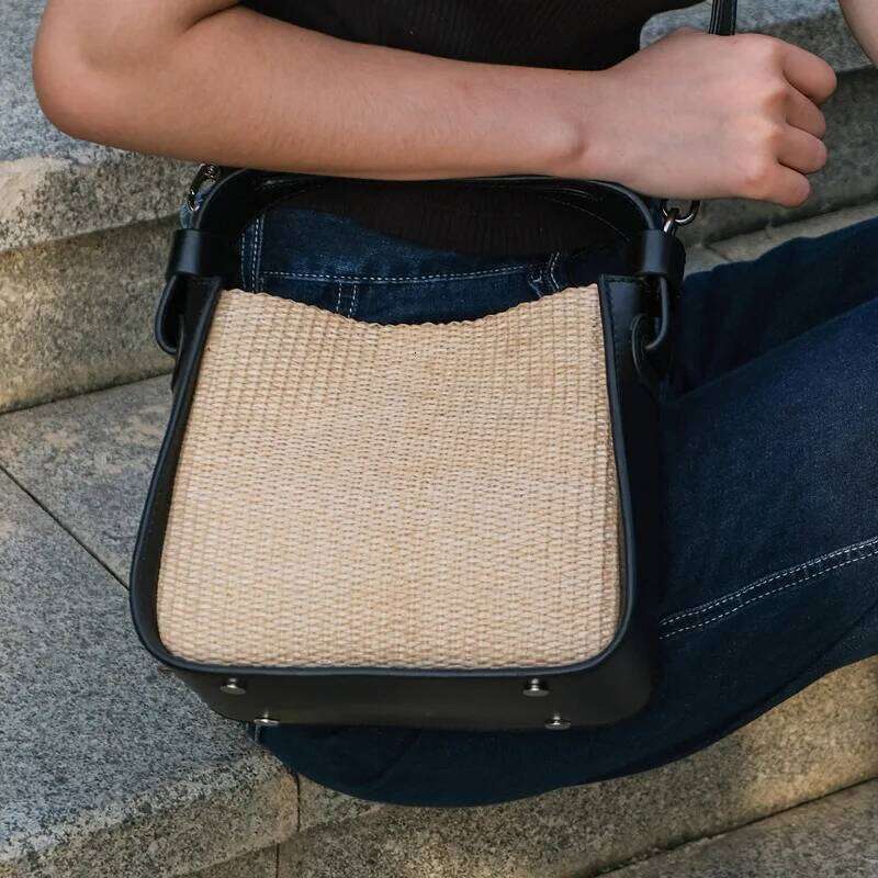 2025 Designer Women Patchwork Genuine Leather Woven Straw Handbags New Tote Lady Trendy Adjustable Strap Shoulder Bag