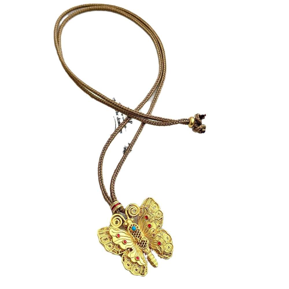 Wei Xue Ancient Enamel Hollow Flower Filigree Butterfly Pendant Necklace Copper Gold-Plated Jewelry Cross Mirror National Style c01