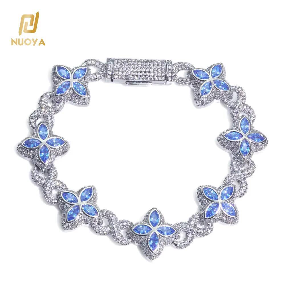 NUOYA New Arrival 925 Silver Four-leaf Clover Cuban Bracelet Men Iced Moissanite Diamond Chain Hip Hop Jewelry Gift for Women