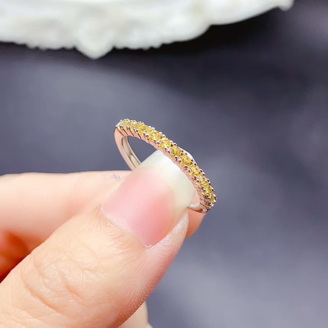 Natural Yellow Sapphire Ring for Daily Wear 13 pieces 2mm genuine Sapphire 925 Silver Ring with 18K Gold Plating gift for women