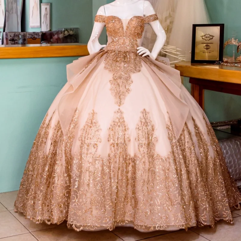 Champagne Shiny Quinceanera Dresses Off The Shoulder Sequin Applique Lace Beading Vestidos De 15 Anos Princess Sweet 16 Dress