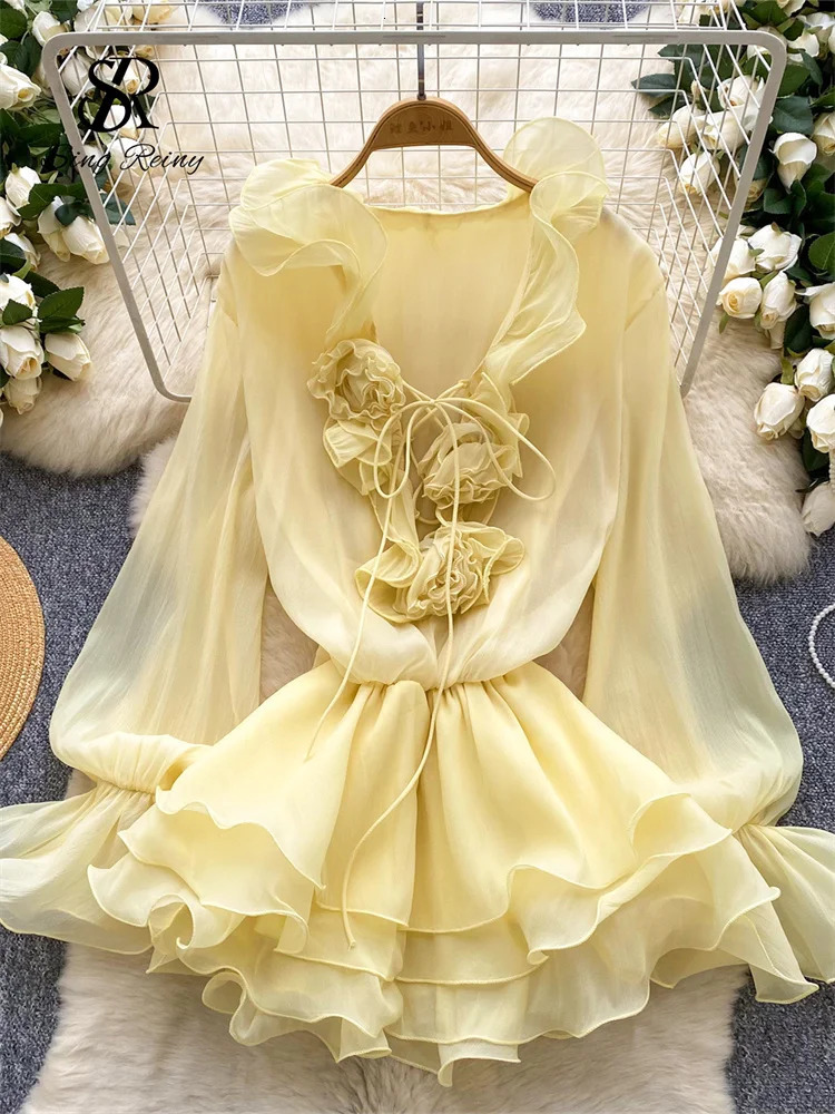 SINGREINY 3D Floral Beach Short Dress Female Long Sleeves Lace Up Ruffle Chiffon Cake Sundress Sheer Sexy Vintage Bohemian Dress 250730
