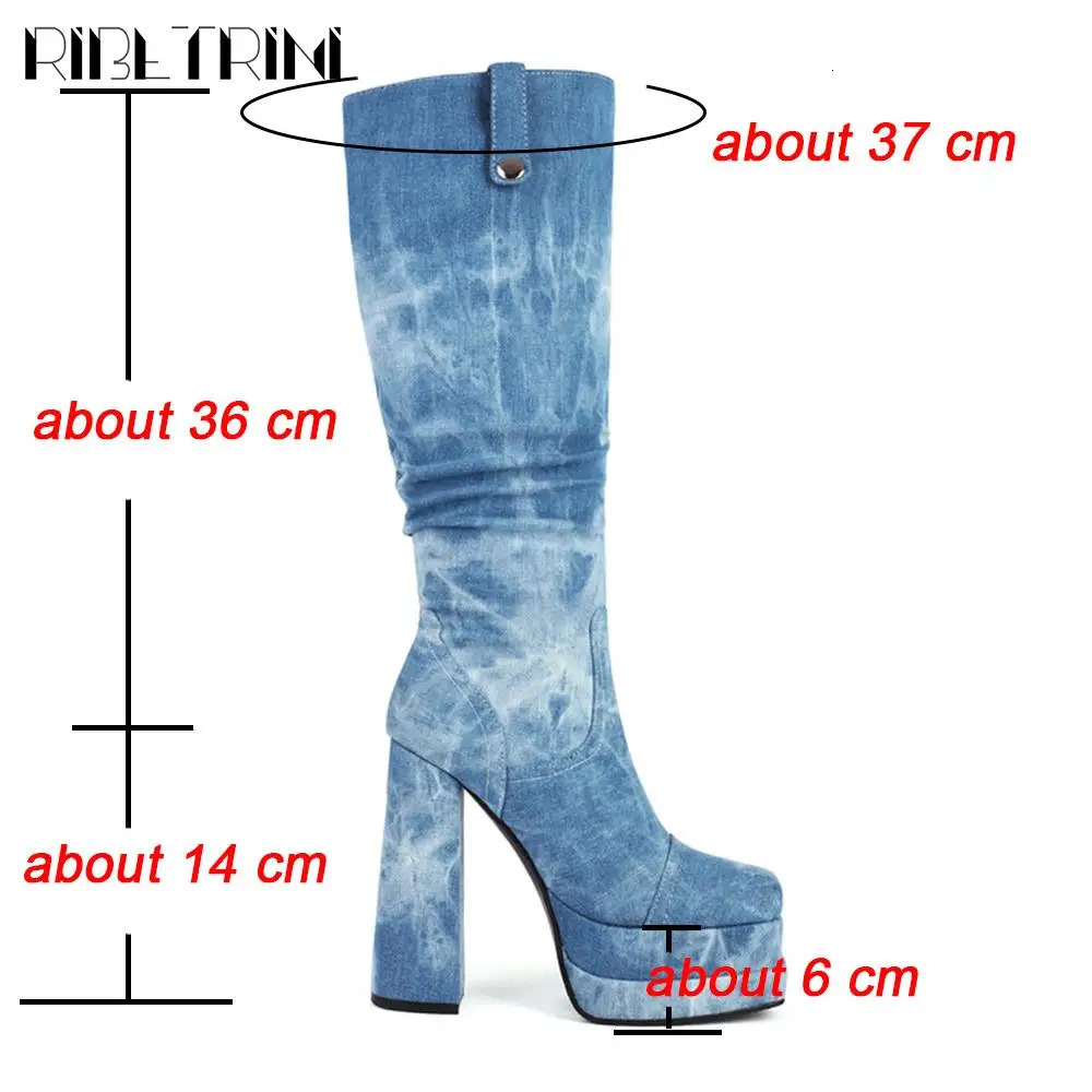 Women GO Boots Chunky High Heeled Double Platform Knee High Shoes Zip Denim Elegant Sexy Party Boots 250729