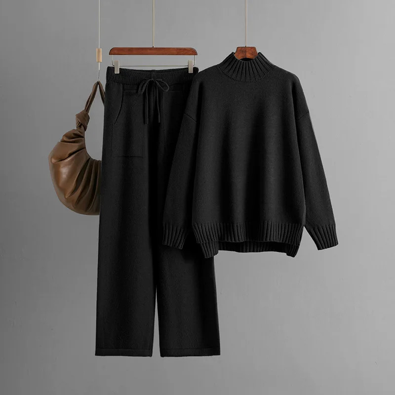 Winter Thick Knitted 2 Piece Sets Women Half Turtleneck Knitwears Sweater Pullover Tops Conjuntos High Waist Sweatpants Outfit 250730