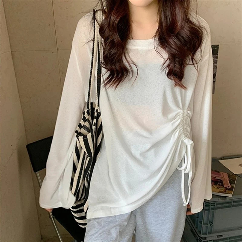 Rimocy Women Ice Silk Sunscreen TShirts Summer Fashion Drawstring Loose Tops Woman Slightly Transparent Long Sleeve Tees Female 250729
