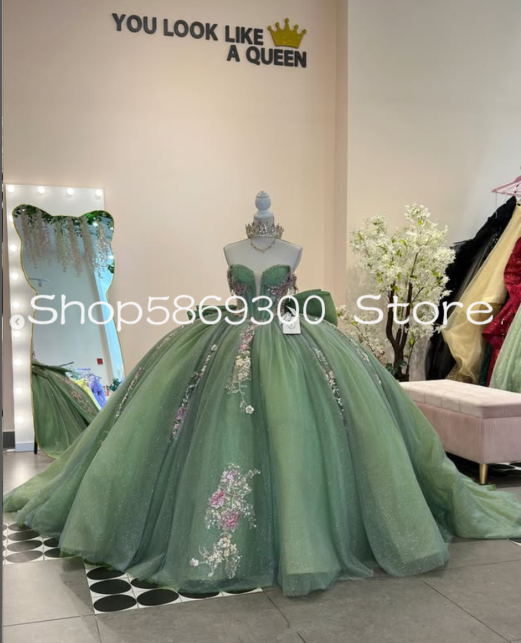 Mint Green Princess Quinceanera Dresses Sparkly Sweeetheart Gillter Floral Lace-up Corset vestidos de 15 quinceaneras customsize