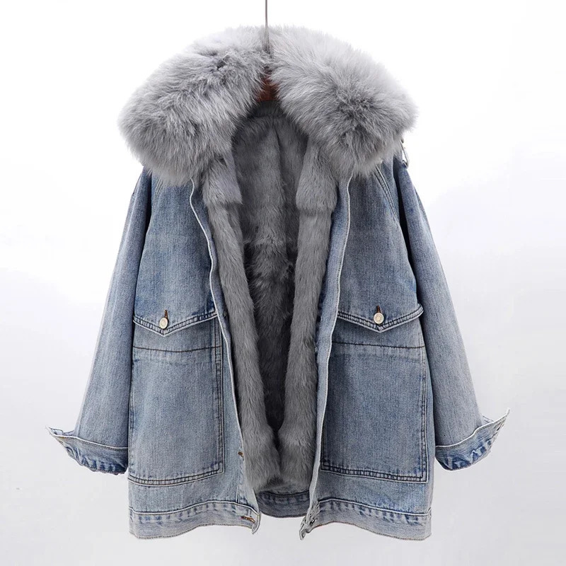 Natural Fox Fur Collar Rabbit Liner Denim Jacket Coat Women Winter Thick Warm Loose Mid Long Big Pocket Jeans Jackets Female 250730