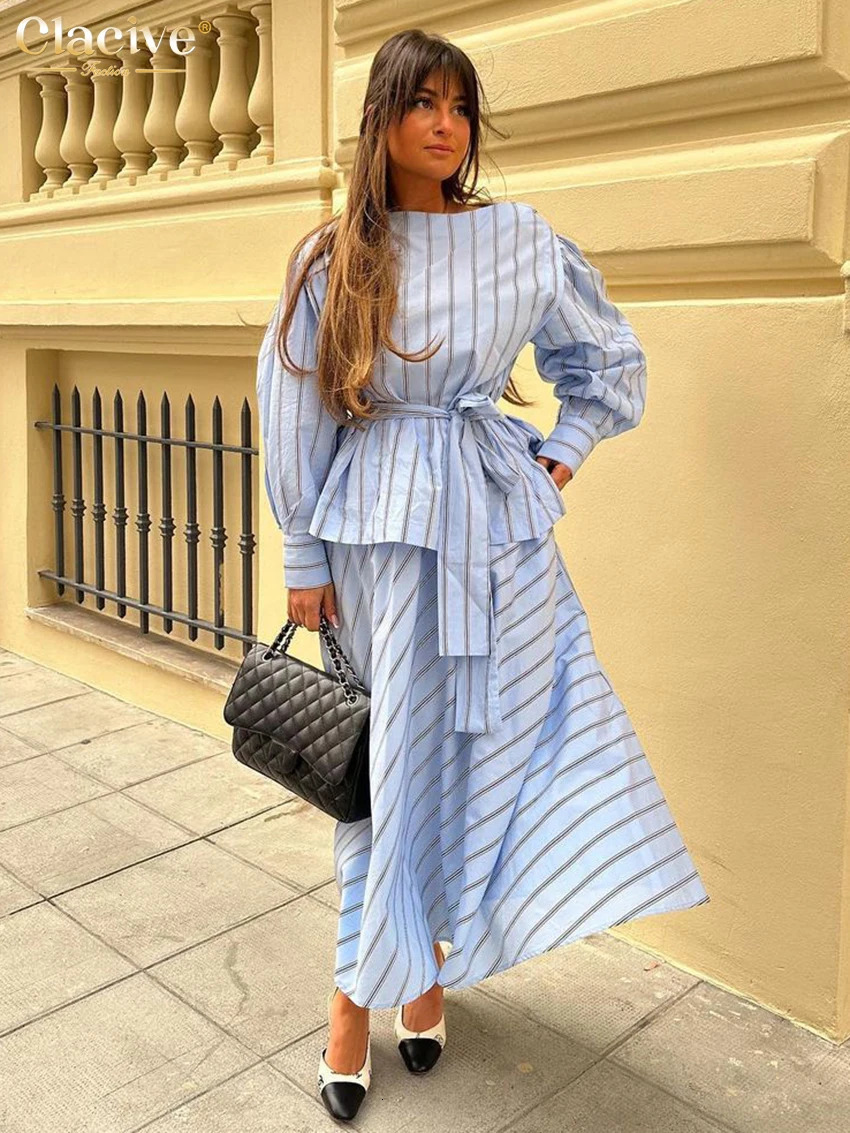 Clacive Fashion Loose Stripe Print 2 Piece Sets Women Outfit Elegant Long Sleeve Shirt With High Waist Ankle Length Skirt Set 250730