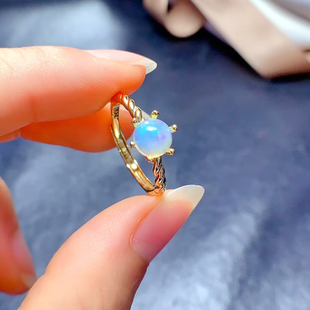 100% Real White Opal Ring for Office Women 6mm Natural Opal Silver Ring 925 Silver gemstone Jewelry with 18K gold plating